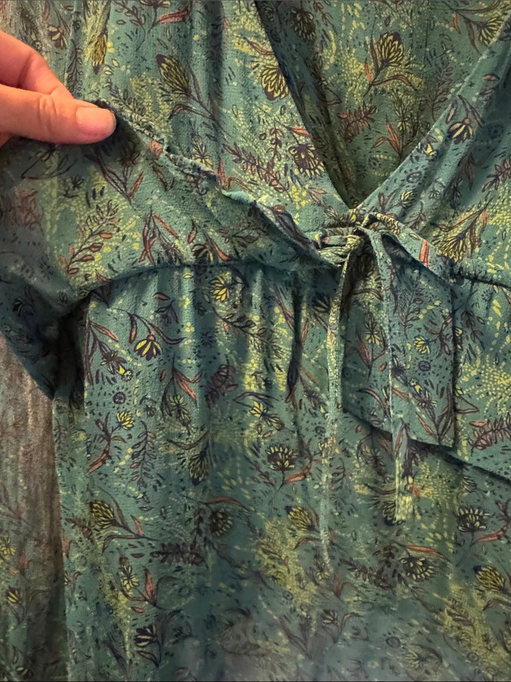 Free People Sheer Teal Green Printed V-Neck Tie-Front Blouse - Picture 4 of 9